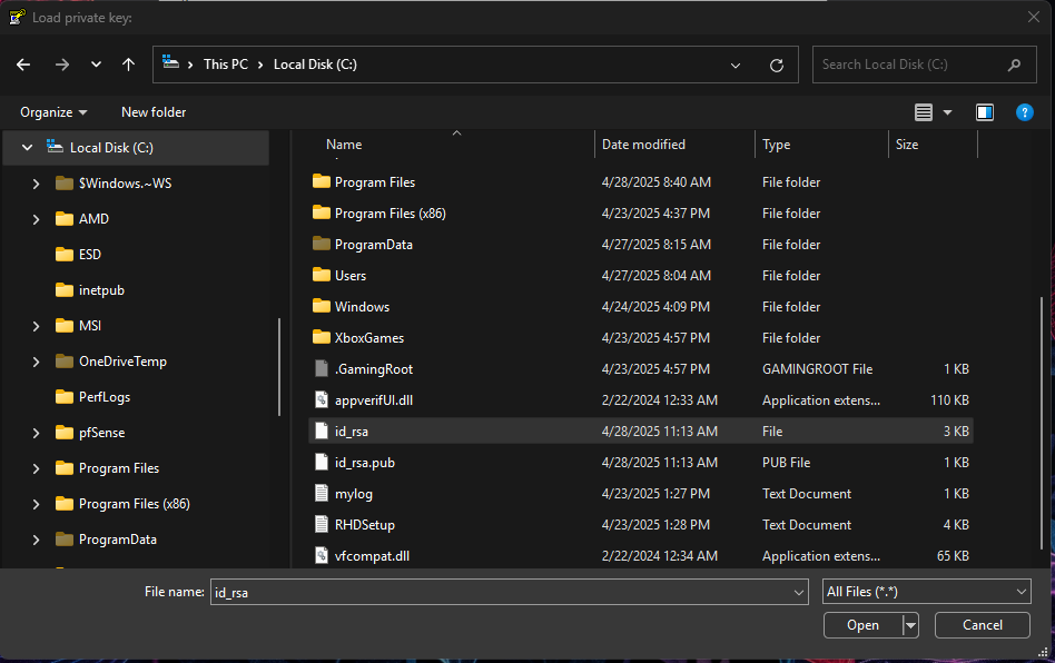 A picture of the Load private key dialogue