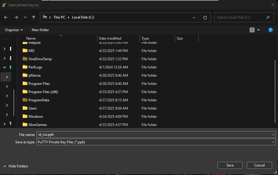 A screenshot of the PuTTYgen Save private key as dialogue