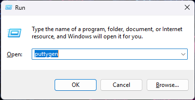 A screenshot of the windows Run prompt for opening PuTTYgen