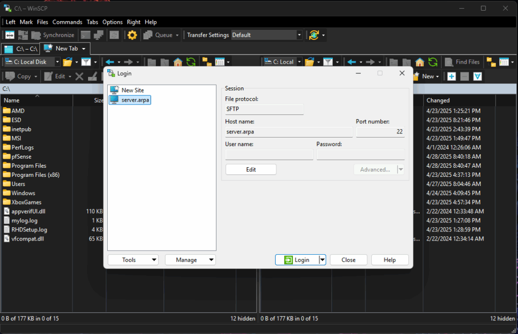 A screenshot of the new server connection dialogue for WinSCP