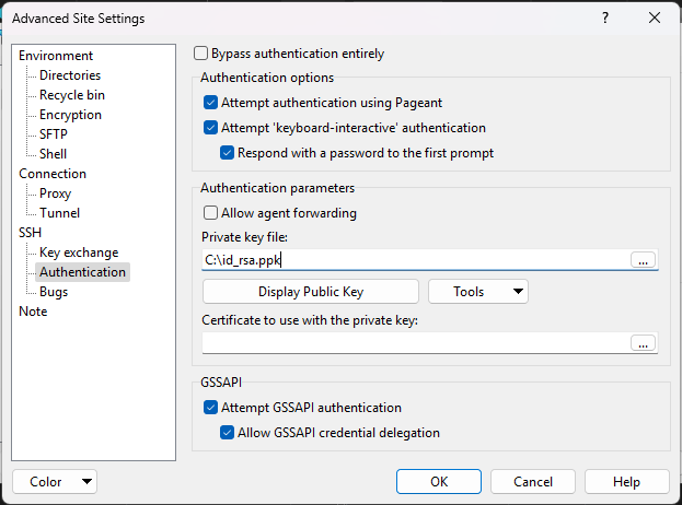 A screenshot of the authentication dialogue for WinSCP