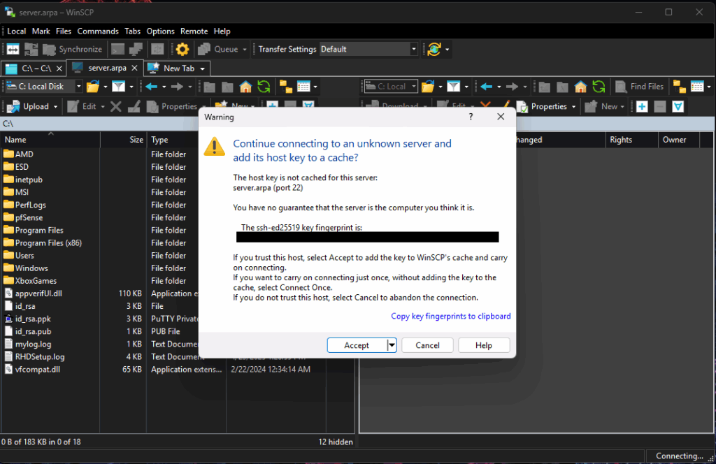WinSCP new host key warning