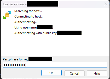 A screenshot of WinSCP key passphrase