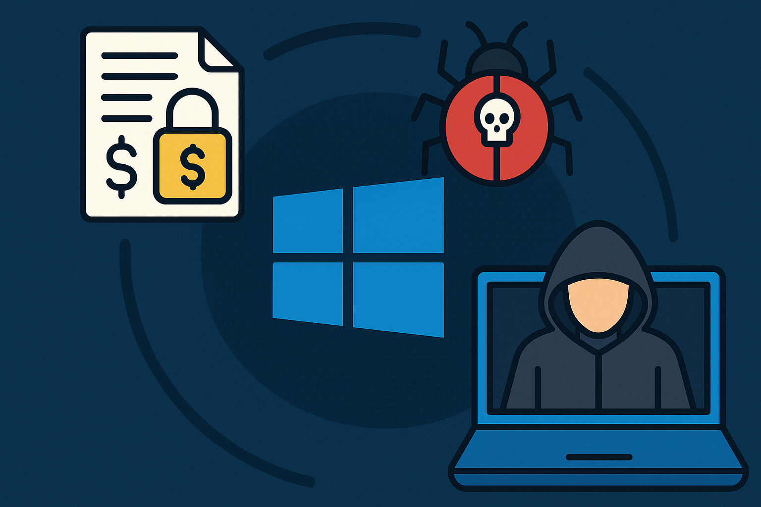 An infographic which shows an icon of an infostealer, a windows logo, a computer virus, and a thief